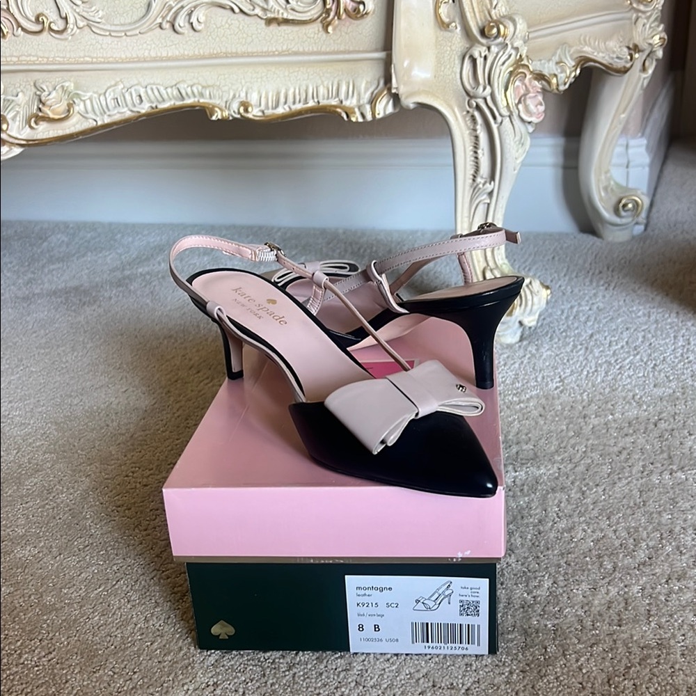 kate spade Black and Blush Pointed Toe Slingback Heels with Bow
